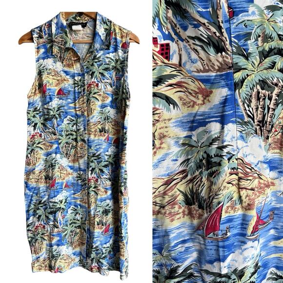 Vintage 80s Blue Hawaiian Collared sleeveless Midi Dress Size 14 Made in USA - Picture 1 of 7